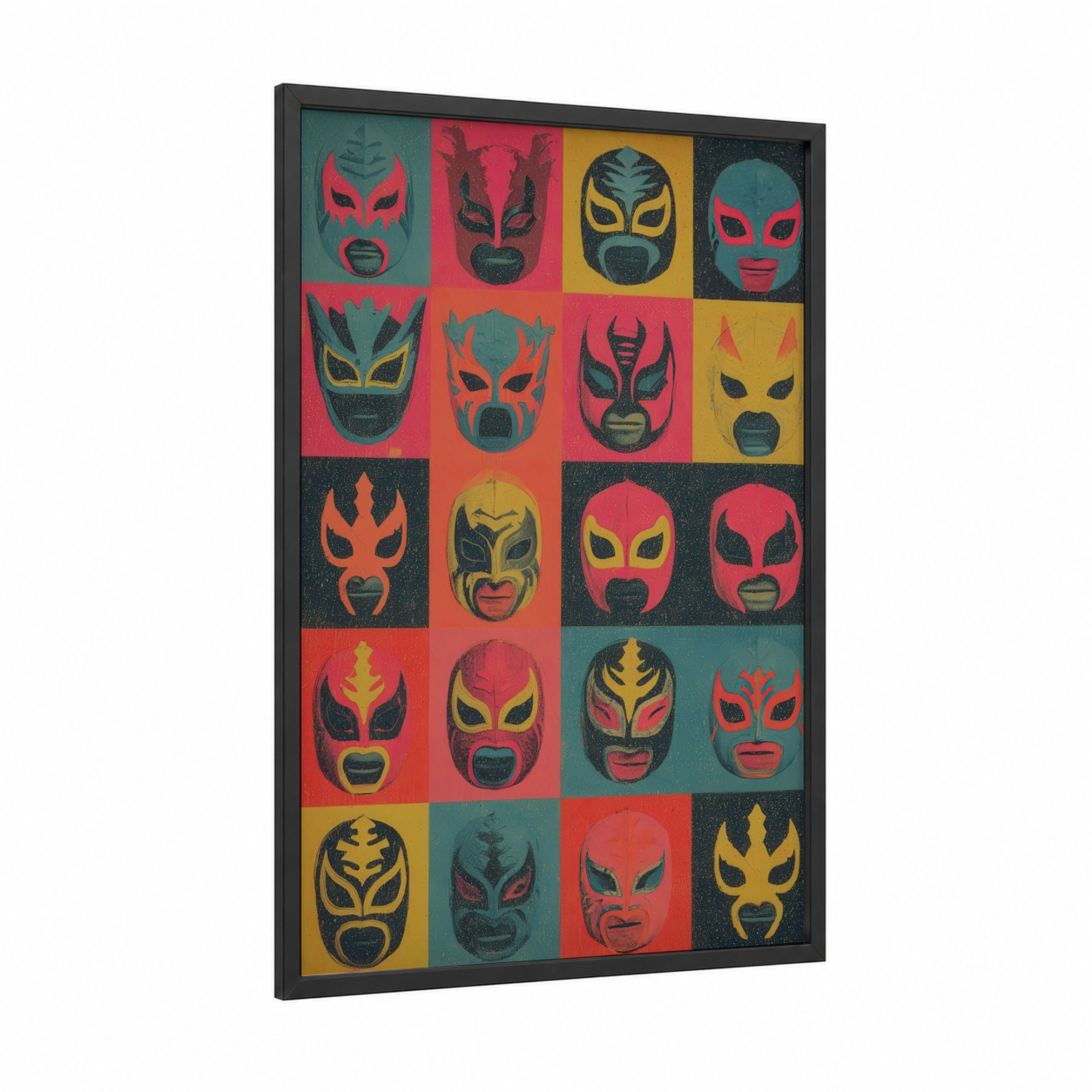 Lucha Libre Masks framed wrestling print — black wood frame — red and yellow gold palette