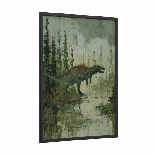 Misty Dinosaur framed art print — black wood frame — sage green and cream palette
