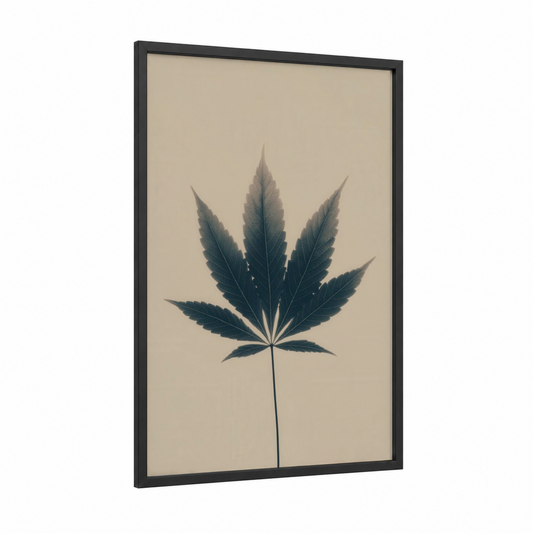 Botanical Cannabis framed marijuana print — black wood frame — beige and gray palette