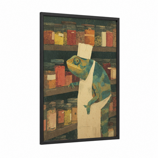 Pantry Chameleon framed art print — black wood frame — russet and teal palette