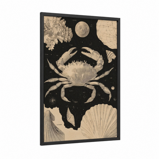 Celestial Cancer framed art print — black wood frame — cream and black palette