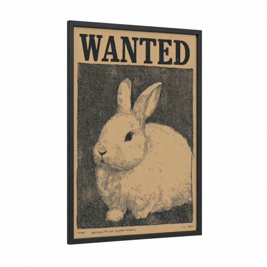 Wanted Rabbit framed easter print — black wood frame — beige and black palette