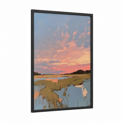 Coastal Marsh Sunset framed various landscapes print — black wood frame — gold and blue palette