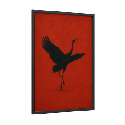 Japanese Crane Silhouette Wall Art framed art print — black wood frame — red and black palette
