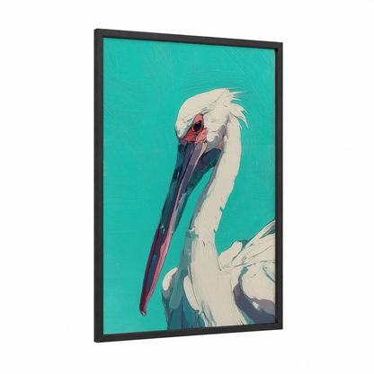 Turquoise Pelican framed art print — black wood frame — turquoise and white palette