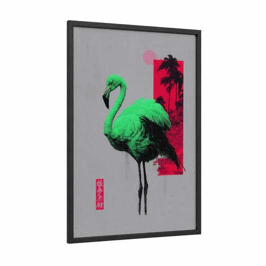 Neon Flamingo framed art print — black wood frame — green and magenta palette