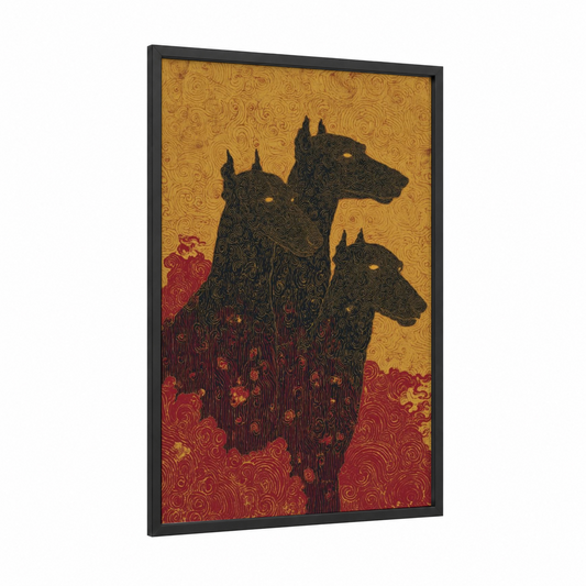 Golden Cerberus framed art print — black wood frame — yellow gold and maroon palette