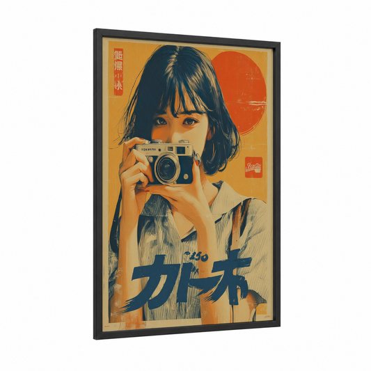 Camera Girl Retro framed vintage japanese ads print — black wood frame — gold and dark blue palette