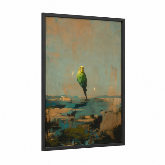 Golden Budgerigar framed budgeridar print — black wood frame — gold and teal palette
