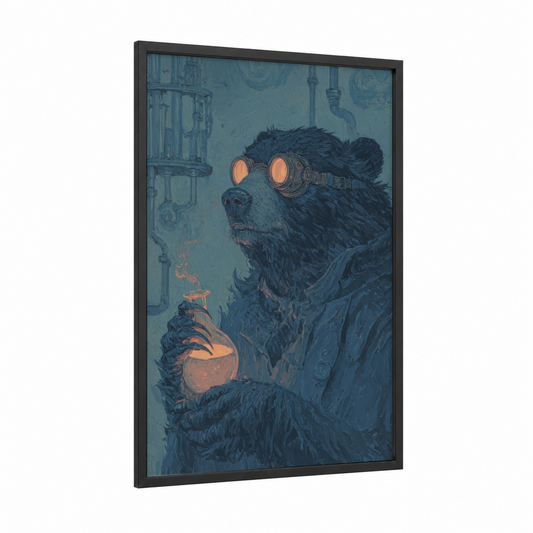 Steampunk Sloth Bear framed art print — black wood frame — dark blue and gold palette