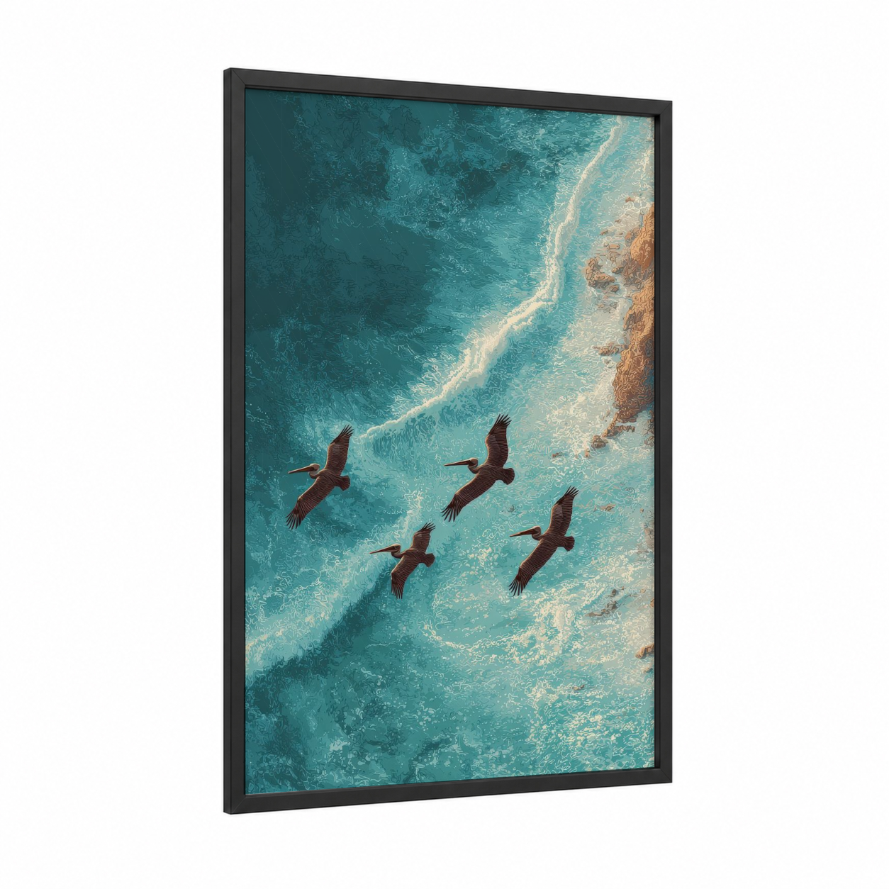 Soaring Eagles Ocean framed art print — black wood frame — turquoise and sandy beach palette