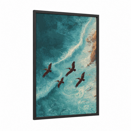Soaring Eagles Ocean framed art print — black wood frame — turquoise and sandy beach palette