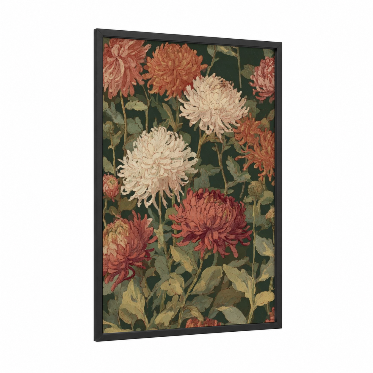 Vintage Chrysanthemum Garden framed art print — black wood frame — cream and dark green palette