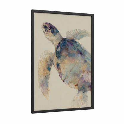 Watercolor Turtle framed art print — black wood frame — blue and beige palette