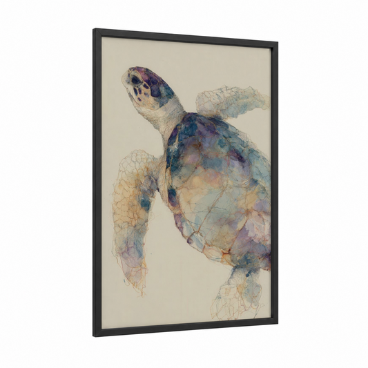 Watercolor Turtle framed art print — black wood frame — blue and beige palette