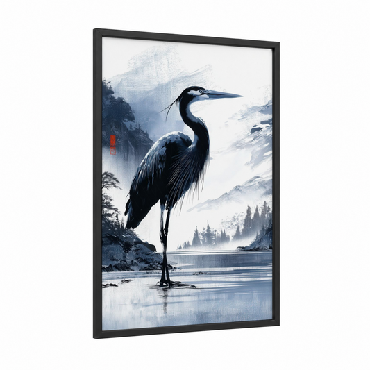 Misty Lake Heron framed art print — black wood frame — blue and white and gray palette