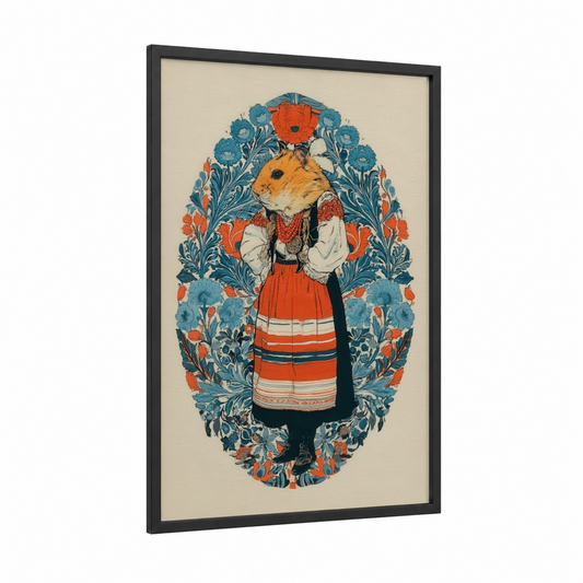 Harvest Hamster framed art print — black wood frame — teal and orange palette