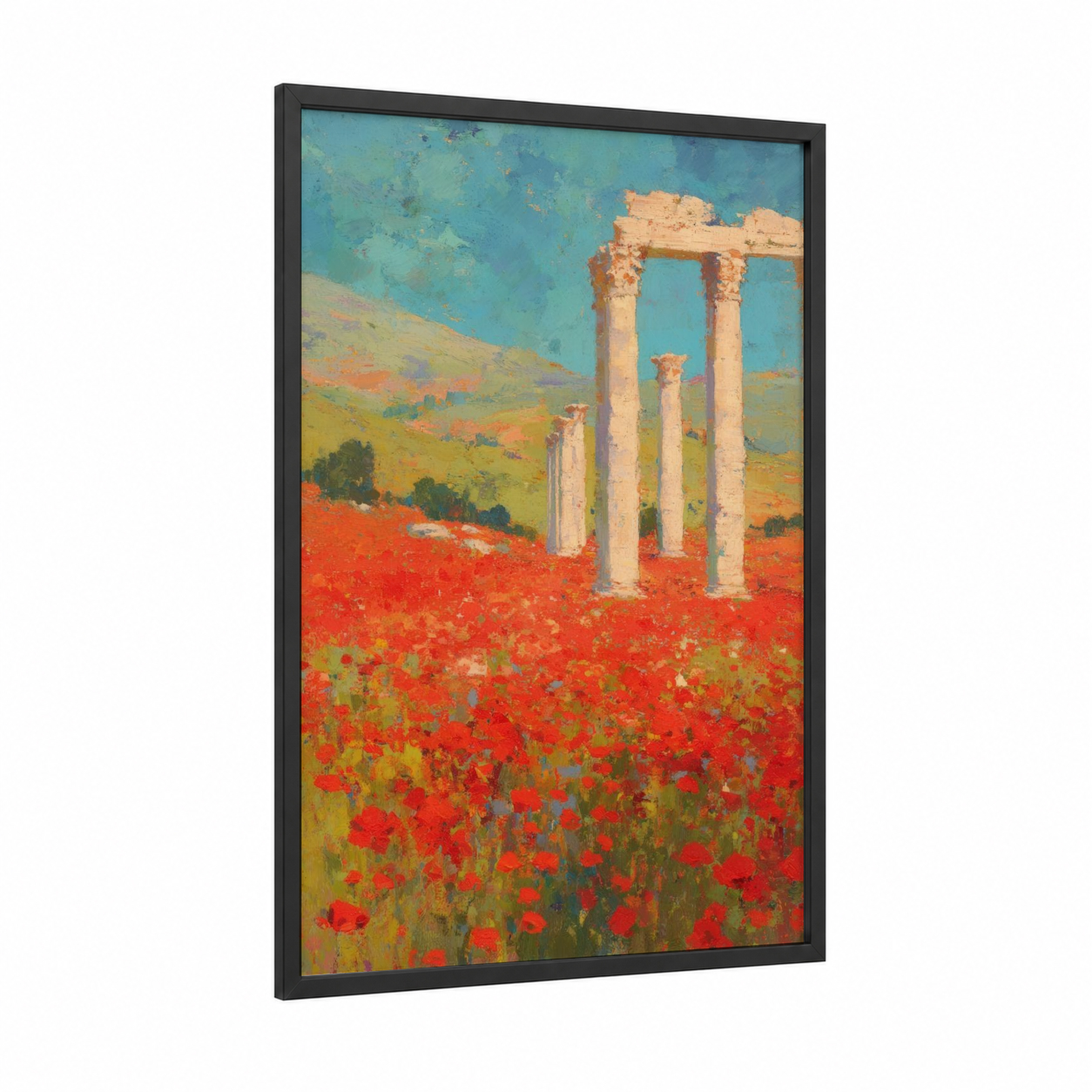 Crimson Poppy Columns framed art print — black wood frame — red and teal palette