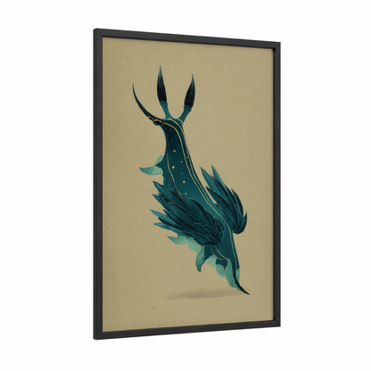 Teal Nudibranch framed art print — black wood frame — teal and cream palette