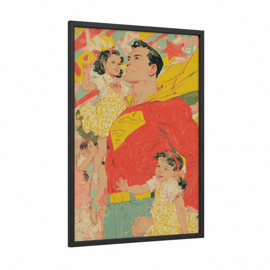 Heroic Family Moment framed father's day print — black wood frame — red and yellow gold palette