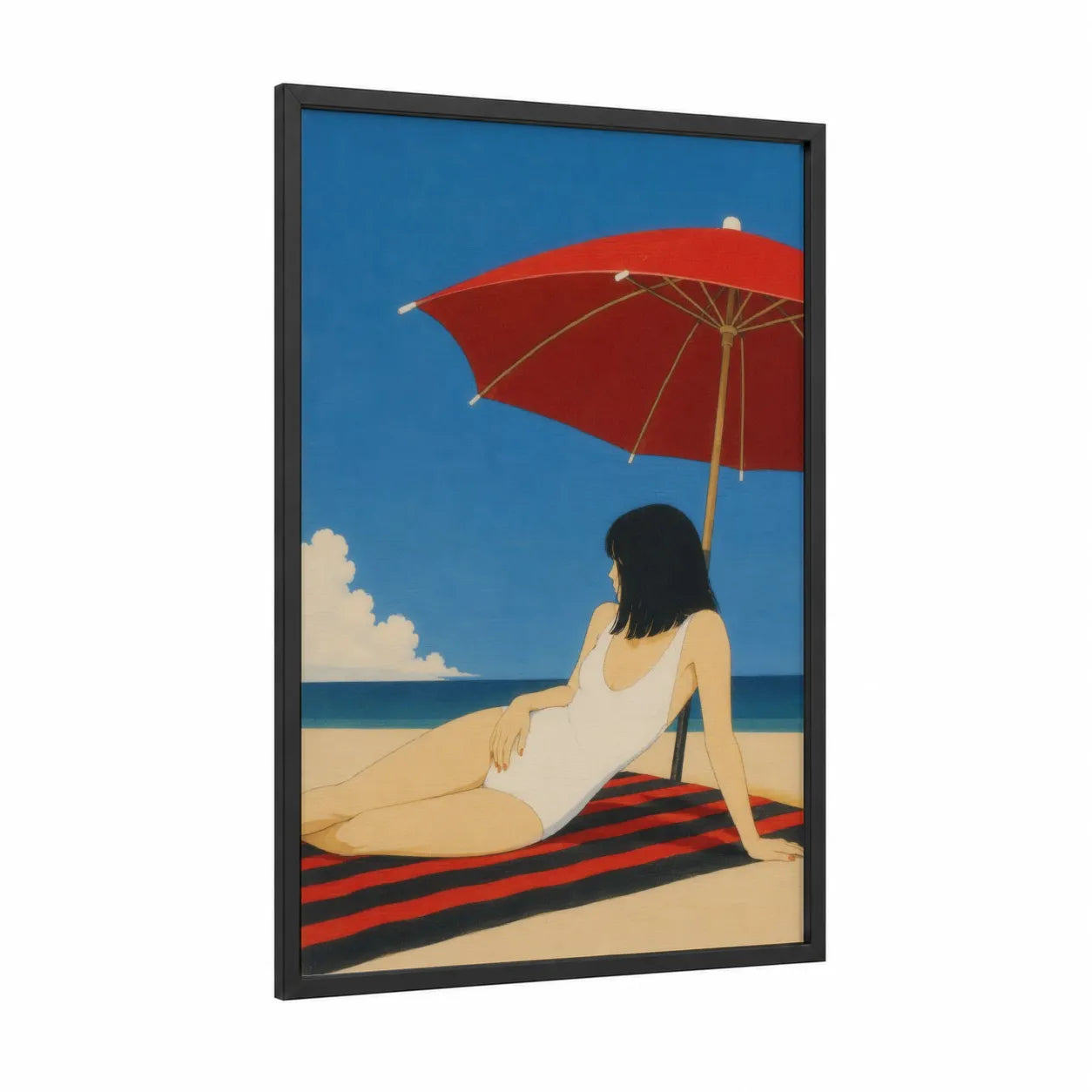 Peaceful Beach Umbrella Scene Wall Art framed sandy beach print — black wood frame — blue and red palette