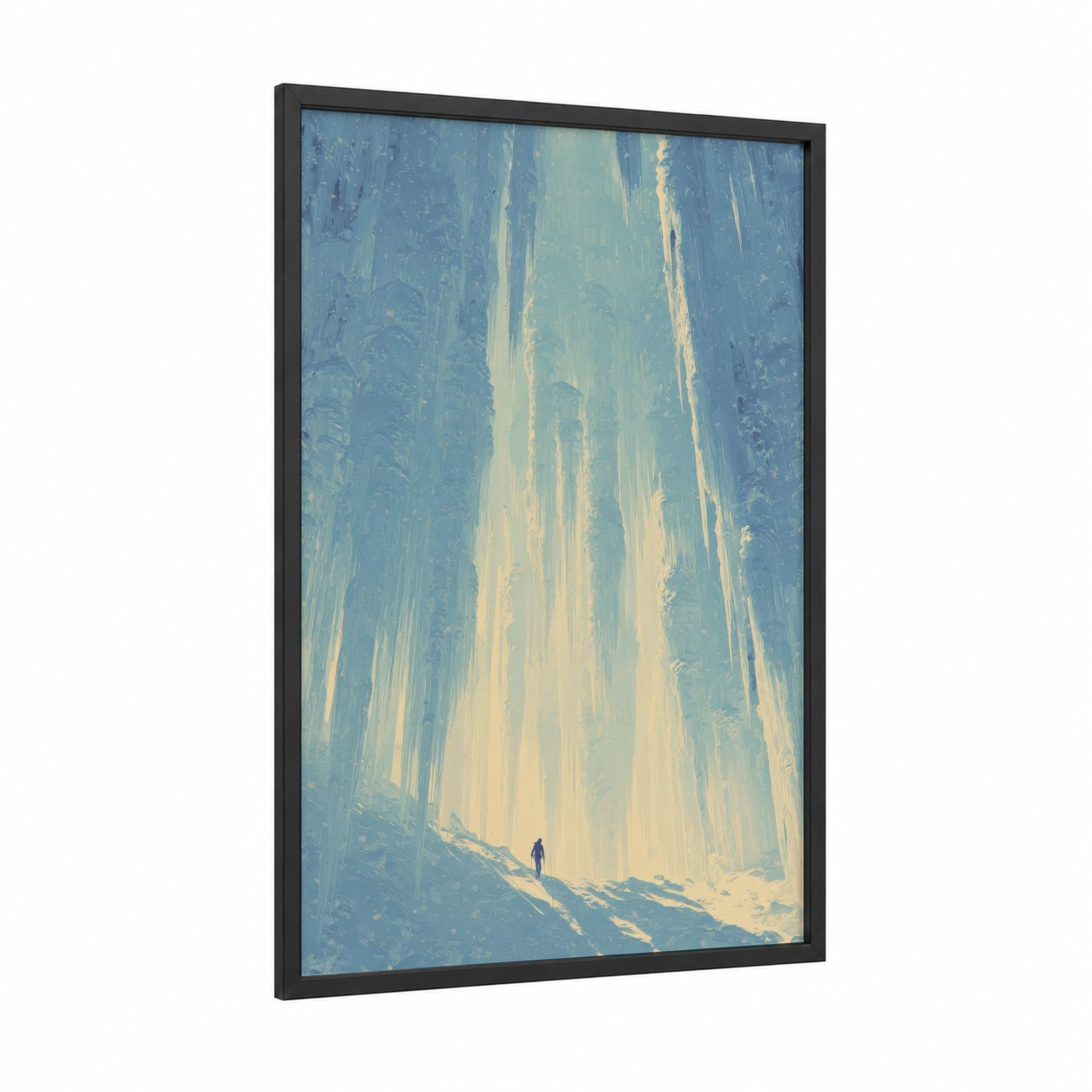 Frozen Cathedral framed ice climbing print — black wood frame — blue and white and gold palette