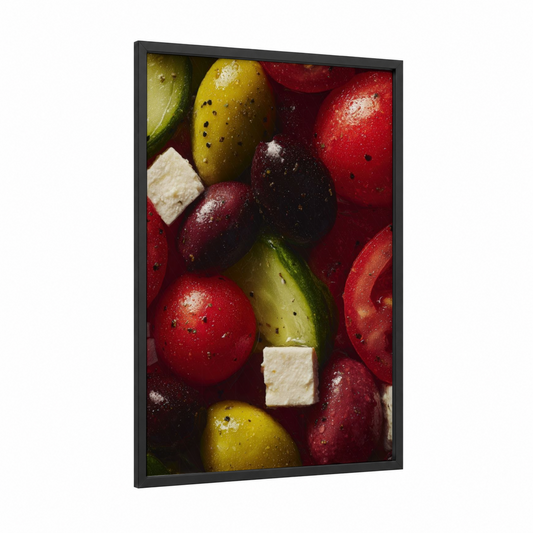 Garden Caprese Salad framed art print — black wood frame — red and green palette