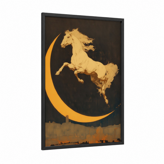 Moonlit Arabian framed arabian horse print — black wood frame — gold and black palette