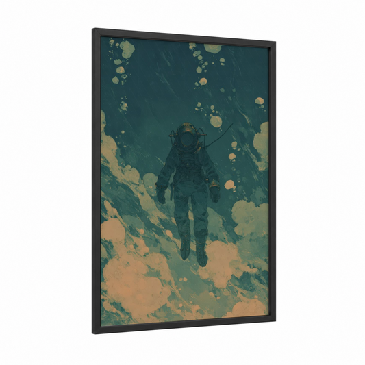 Cosmic Diver framed diving print — black wood frame — teal and peach palette