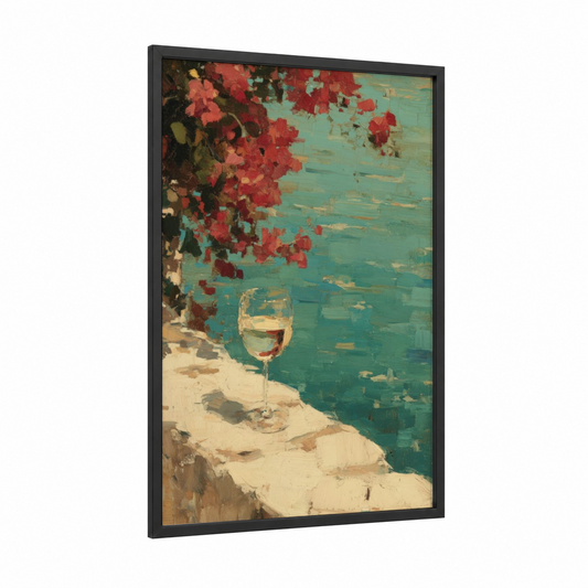 Coastal Wine Escape framed white wine print — black wood frame — turquoise and red palette
