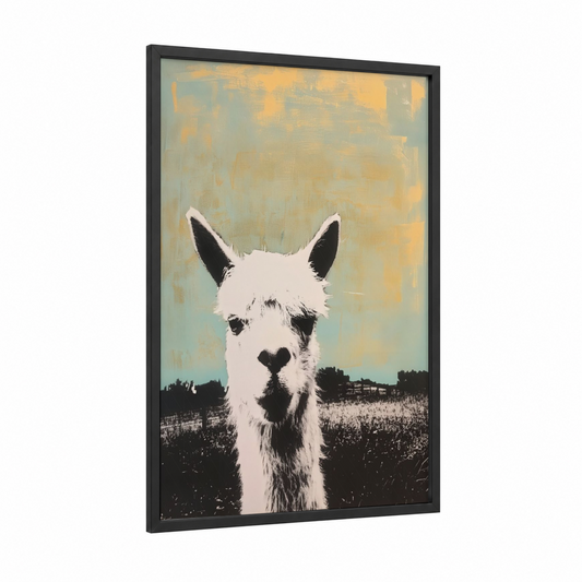 Golden Field Alpaca framed art print — black wood frame — gold and sage green palette