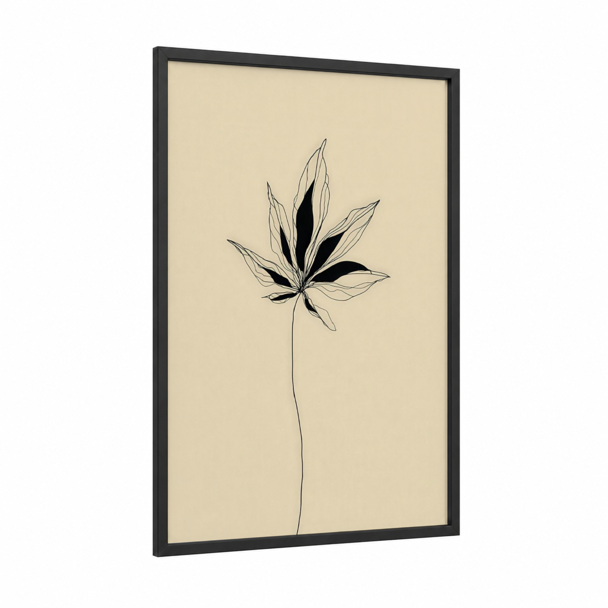 Minimalist Cannabis framed art print — black wood frame — cream and black palette