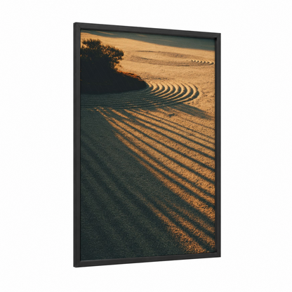 Golden Sunrise Field framed art print — black wood frame — gold and dark blue palette