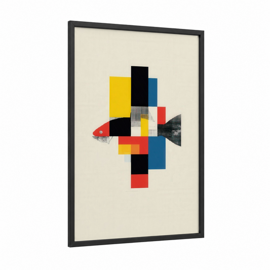 Geometric Snook framed art print — black wood frame — blue and yellow gold palette