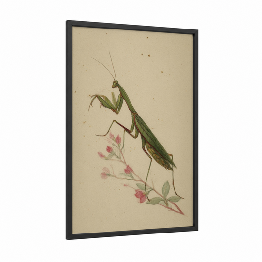 Delicate Mantis framed prayin mantis print — black wood frame — cream and sage green palette
