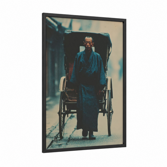 Vintage Rickshaw Portrait framed art print — black wood frame — blue and beige palette