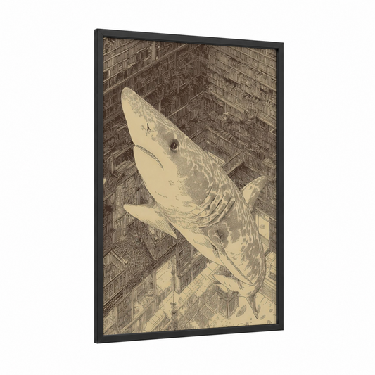 Library Basking Shark framed art print — black wood frame — beige and black palette