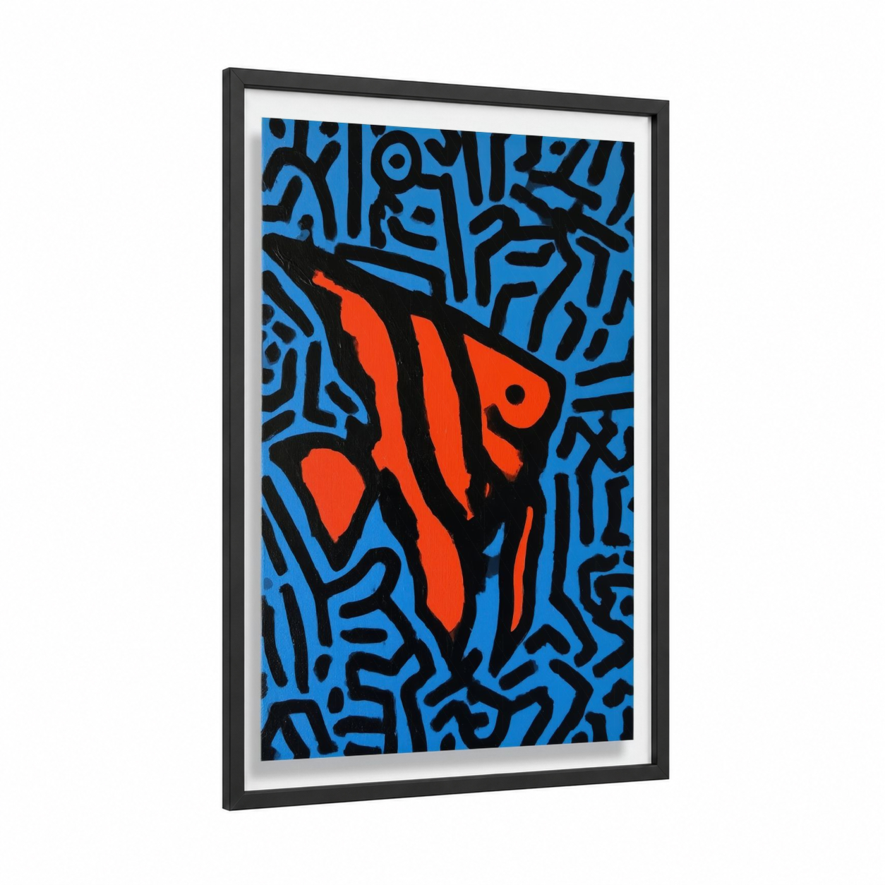 Flame Angelfish framed angel fish print — black wood frame — blue and orange palette