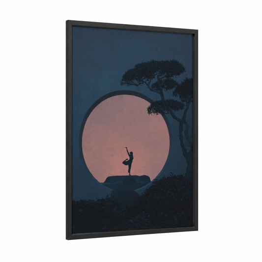 Sunset Yoga Pose framed art print — black wood frame — dark blue and salmon pink palette