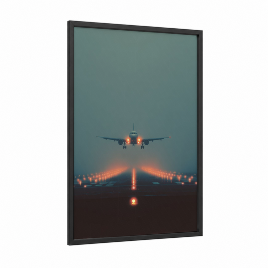 Runway Approach framed commercial plane print — black wood frame — bermuda gray and gold palette