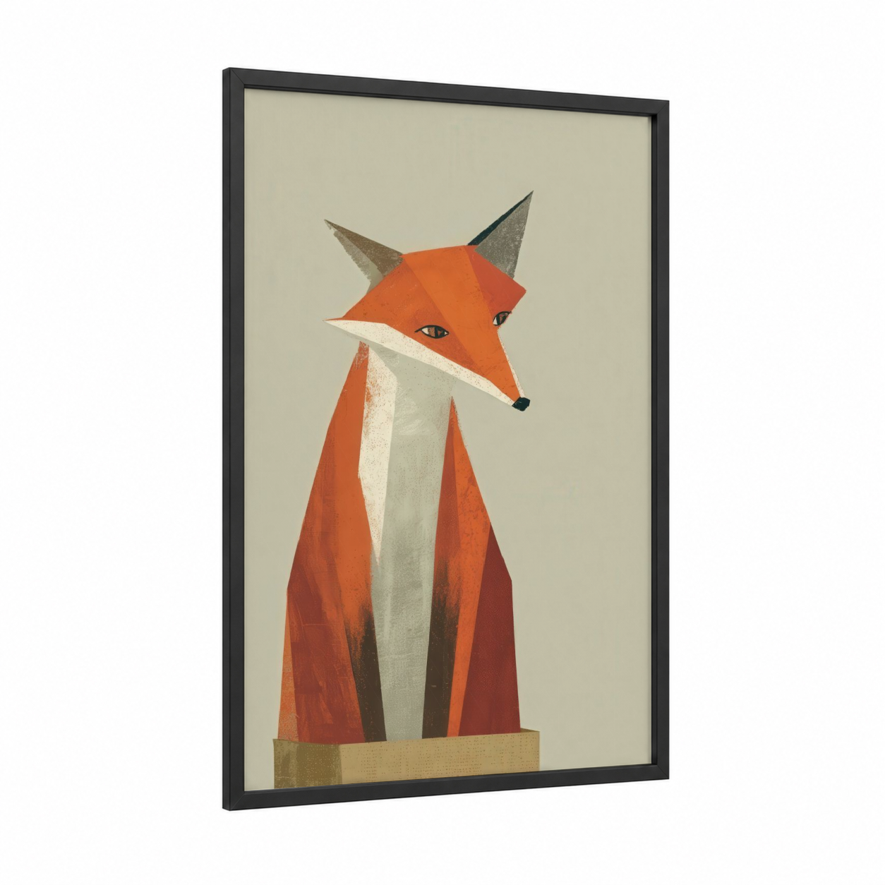Geometric Fox framed art print — black wood frame — orange and beige palette