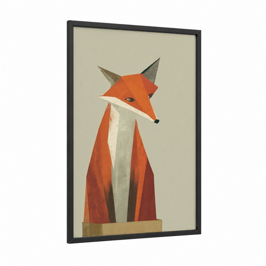 Geometric Fox framed art print — black wood frame — orange and beige palette