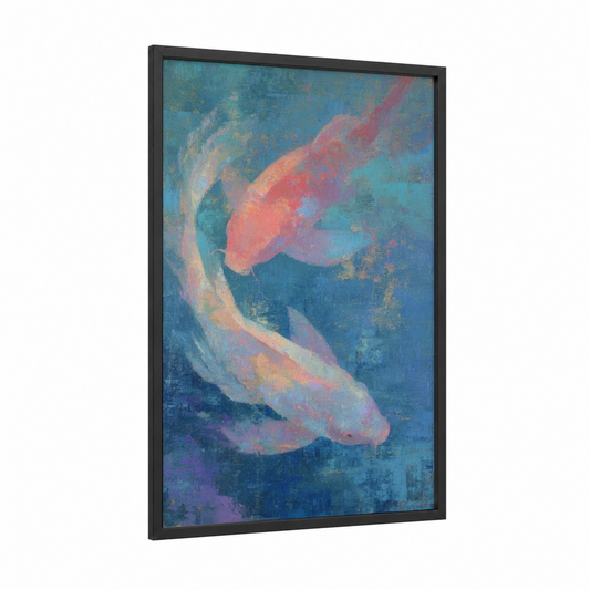 Dreaming Pisces framed art print — black wood frame — blue and gold palette