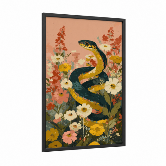 Garden Python framed art print — black wood frame — peach and gold palette