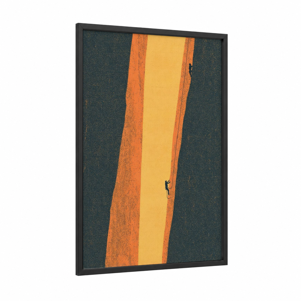 Vertical Ascent framed rock climbing print — black wood frame — yellow gold and teal palette