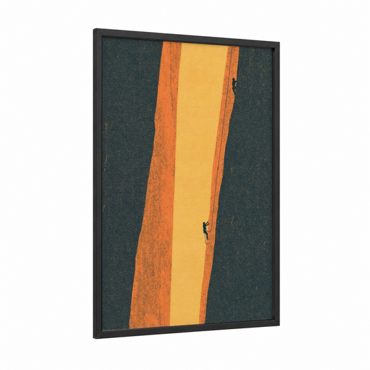 Vertical Ascent framed rock climbing print — black wood frame — yellow gold and teal palette