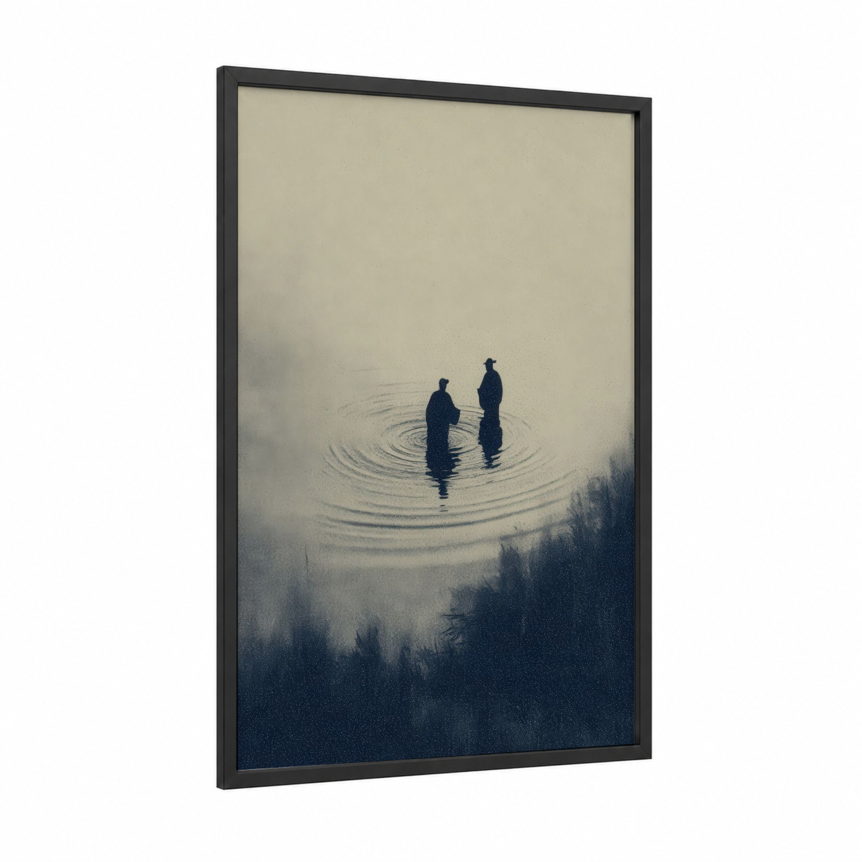 Misty Meditation framed kung fu print — black wood frame — gray and blue palette
