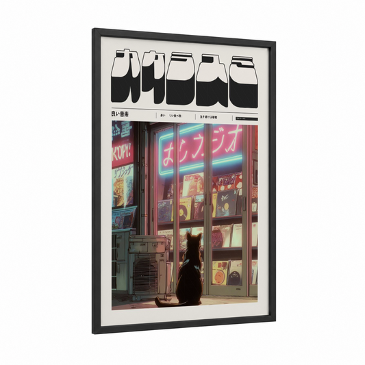 Neon Cat Vibes framed anime and manga print — black wood frame — magenta and blue and gold palette