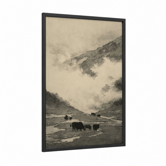 Mountain Yak Herd framed art print — black wood frame — black and white and dove gray palette