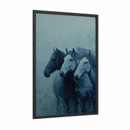 Snowy Horses framed horseback print — black wood frame — blue and gray and white palette